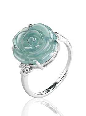 天然A货翡翠蓝水牡丹花戒指女款简约大气可调节指环个性饰品礼物