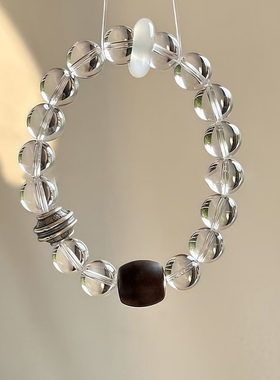 天然白水晶设计檀木串珠手链高级感简约精致白玛瑙跑环首饰新国风