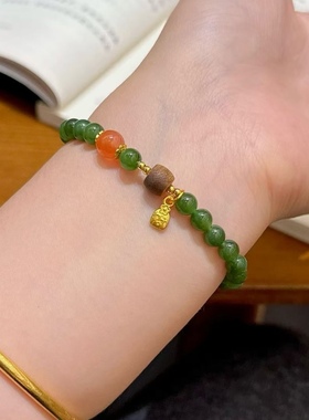 天然玉石绿色碧玉手串轻奢小众福牌手链女士串珠南红玛瑙沉香送礼