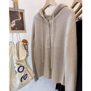 911 新款 连帽纽扣抽条100%羊毛帽衫 宽松百搭休闲上衣毛衣女25冬季