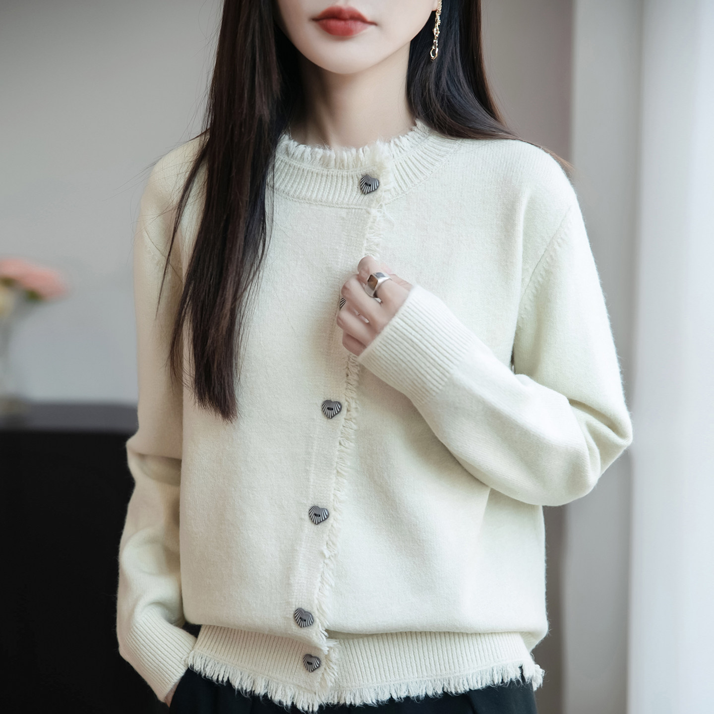法式流苏毛边针织开衫女外套毛衣2025新款复古加厚保暖宽松外套潮