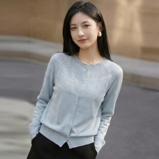 上衣 桑蚕丝羊毛法式 洋气减龄花边针织开衫 女圆领镂空毛衣外套薄款