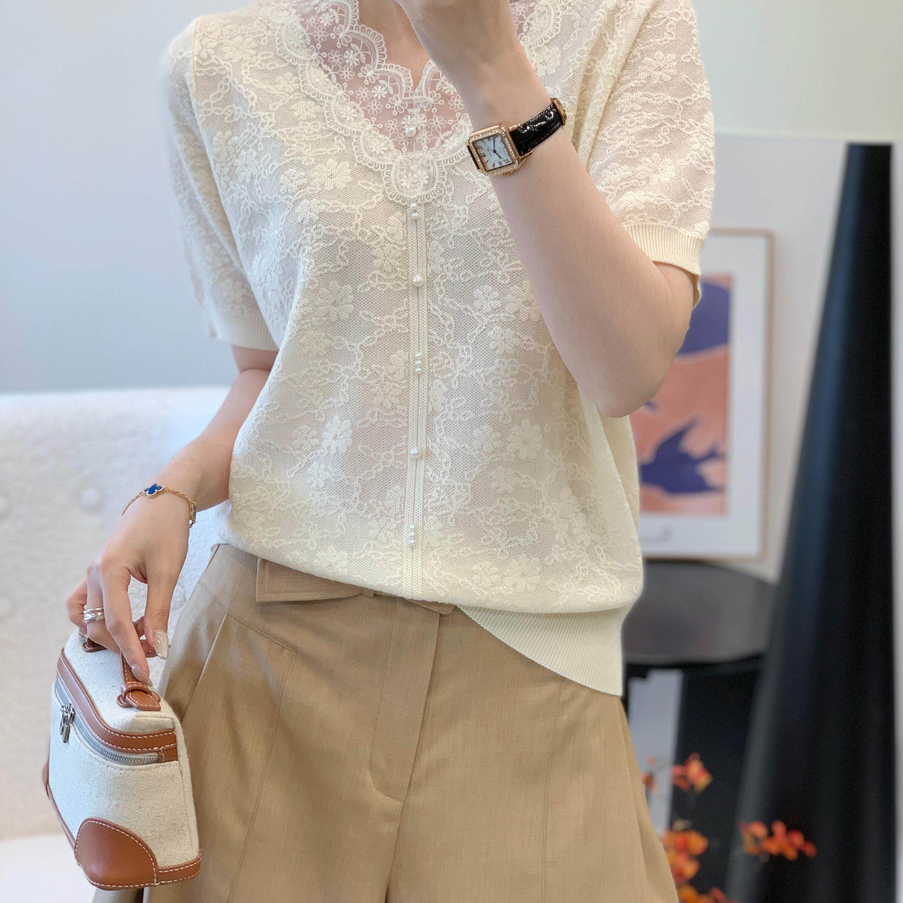 夏季法式V领蕾丝花边短袖针织衫女宽松百搭半袖高级感T桖上衣气质