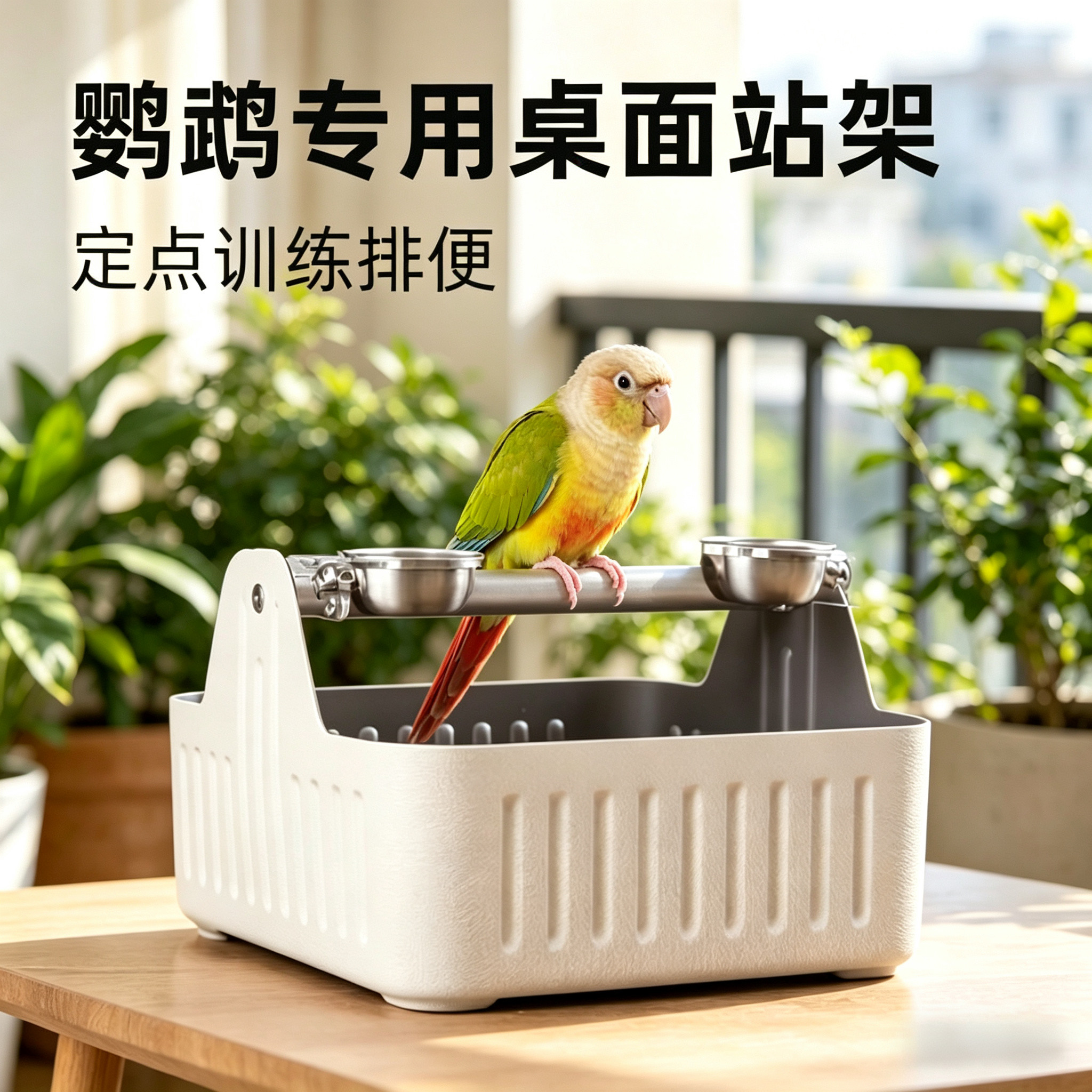 小太阳鹦鹉专用桌面站架双食盒款训练互动垃圾桶鹦鹉成年鸟用品