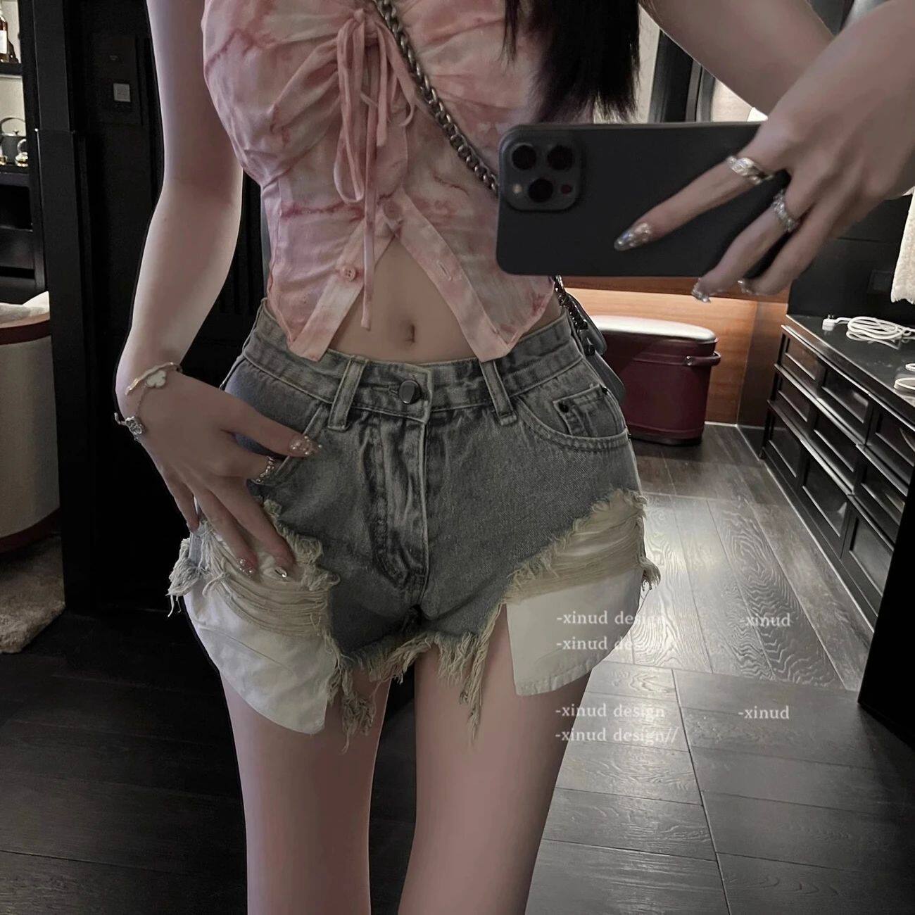 夏季纯欲风复古美式破洞牛仔裤女辣妹高腰显瘦阔腿裤性感休闲短裤