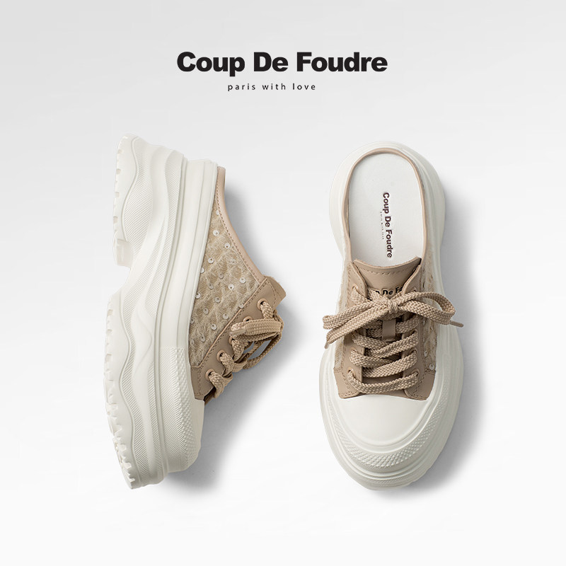 CDF女鞋2025夏季新款厚底外穿半拖小白鞋亮片拼接一脚蹬休闲鞋子