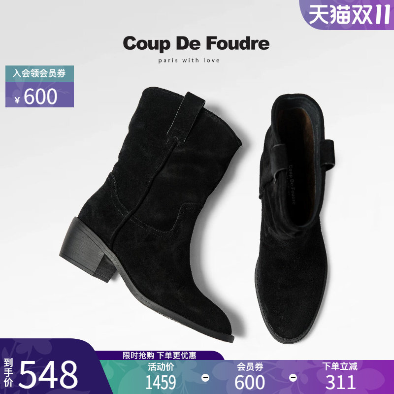 CDF简约复古粗跟圆头高帮骑士靴