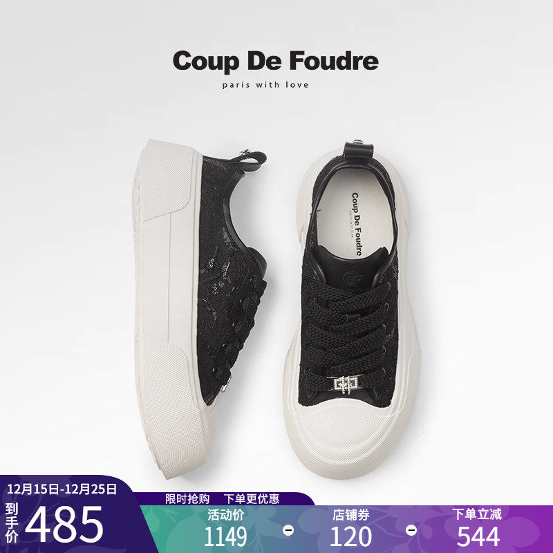 CDF女鞋轻奢时尚秋季通勤透气蕾丝网面拼接休闲小白鞋板鞋淑女