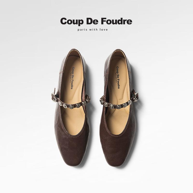 CDF女鞋2025春季新款法式复古玛丽珍鞋百搭真皮浅口水钻通勤鞋女