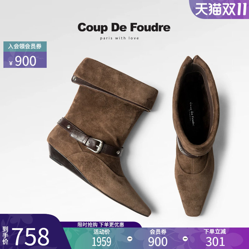 CDF简约复古靴坡跟尖头骑士靴