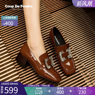 女真皮网红高跟方扣水钻小皮鞋 CDF时尚 英伦粗跟方头单鞋 经典 秋季