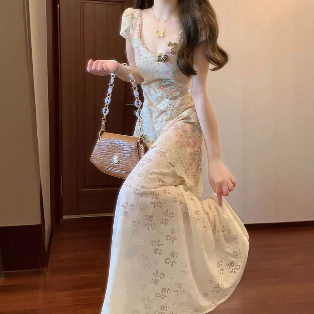 新中式蕾丝拼接碎花连衣裙女夏季大码胖mm清冷感改良旗袍绝美长裙