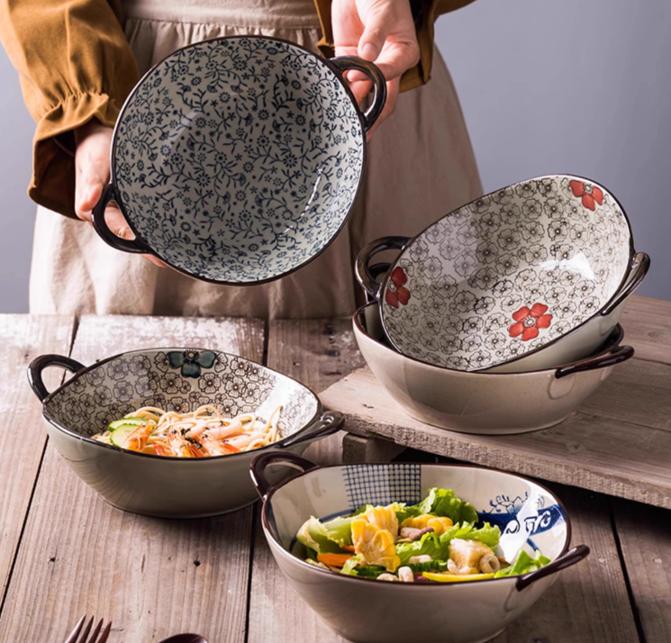 耐高温双耳汤碗陶瓷防烫手柄汤盆面条碗复古餐具商用螺蛳粉专用碗