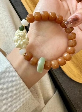 新款白玉菩提文玩手串桶珠10毫米搭配象牙果凤九和田玉菩提跑环