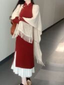 她来了复古馆酒红旗袍秋冬季 国民复古盘扣新中式 针织改良连衣裙女