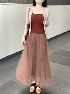 她来了复古馆法式 复古气质收腰显瘦杏色上衣大摆温柔纱裙仙女裙