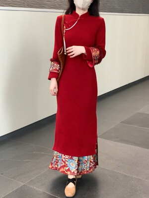 她来了复古馆新中式红色新年订婚结婚年会改良旗袍倒大袖连衣裙