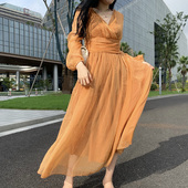 长袖 旅行度假复古仙女长裙 复古法式 气质 连衣裙收腰显瘦 秋冬韩版
