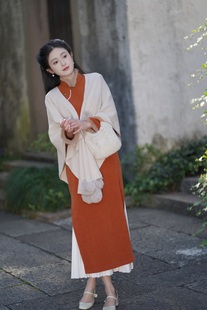 她来了复古馆柿柿如意旗袍冬季长袖新款优雅新中式风中长款连衣裙