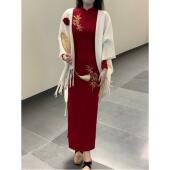 她来了复古馆高级新中式 国风秋冬加绒弹力定位花红色金竹旗袍
