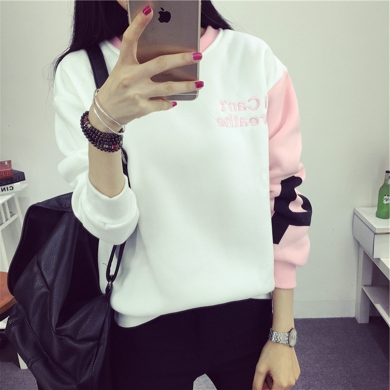 2016 autumn and winter new Harajuku Korean wave tide loose long-sleeved spell color plus velvet sweater women round collar students on clothes