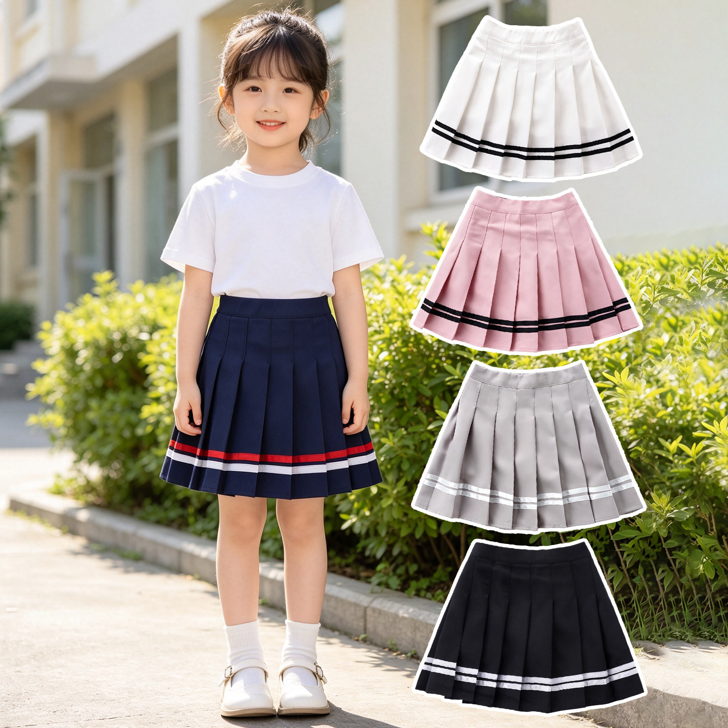 夏季女童学院风条纹百褶短裙