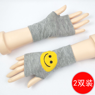 保暖手套女秋冬半指卡通可爱学生露指加厚纯黑针织半截男士护腕套