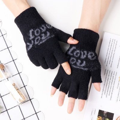 男士半指加厚毛呢纱保暖手套露指
