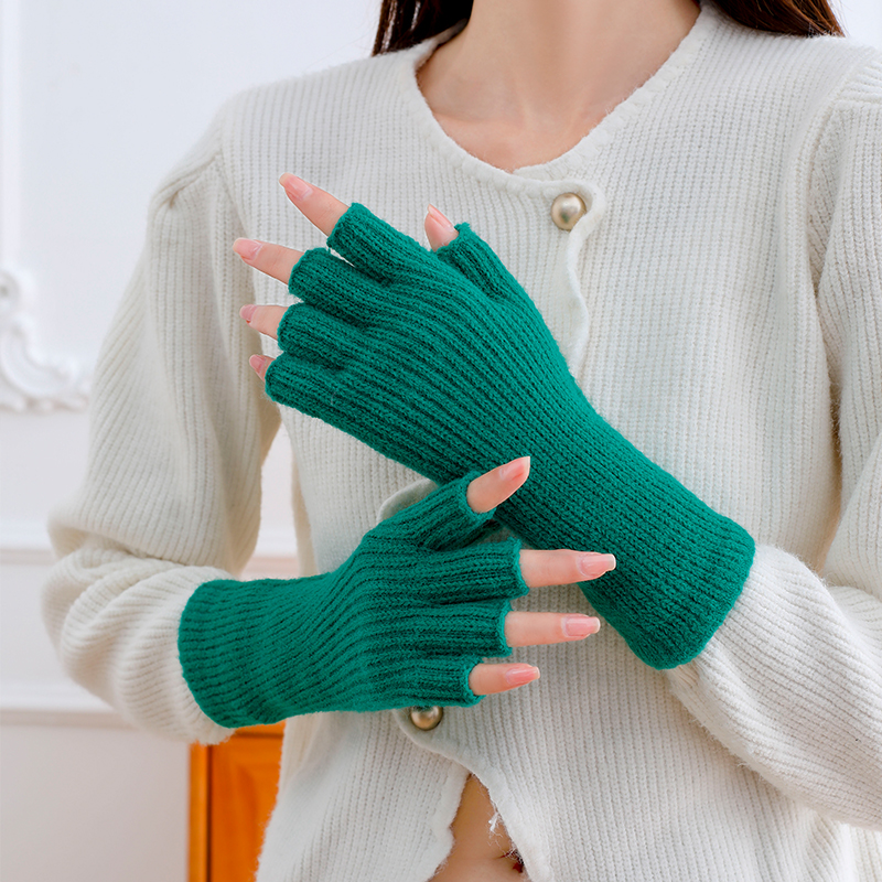 半指手套女秋冬季防寒保暖加厚针织毛线中长款露指学生写字骑行男
