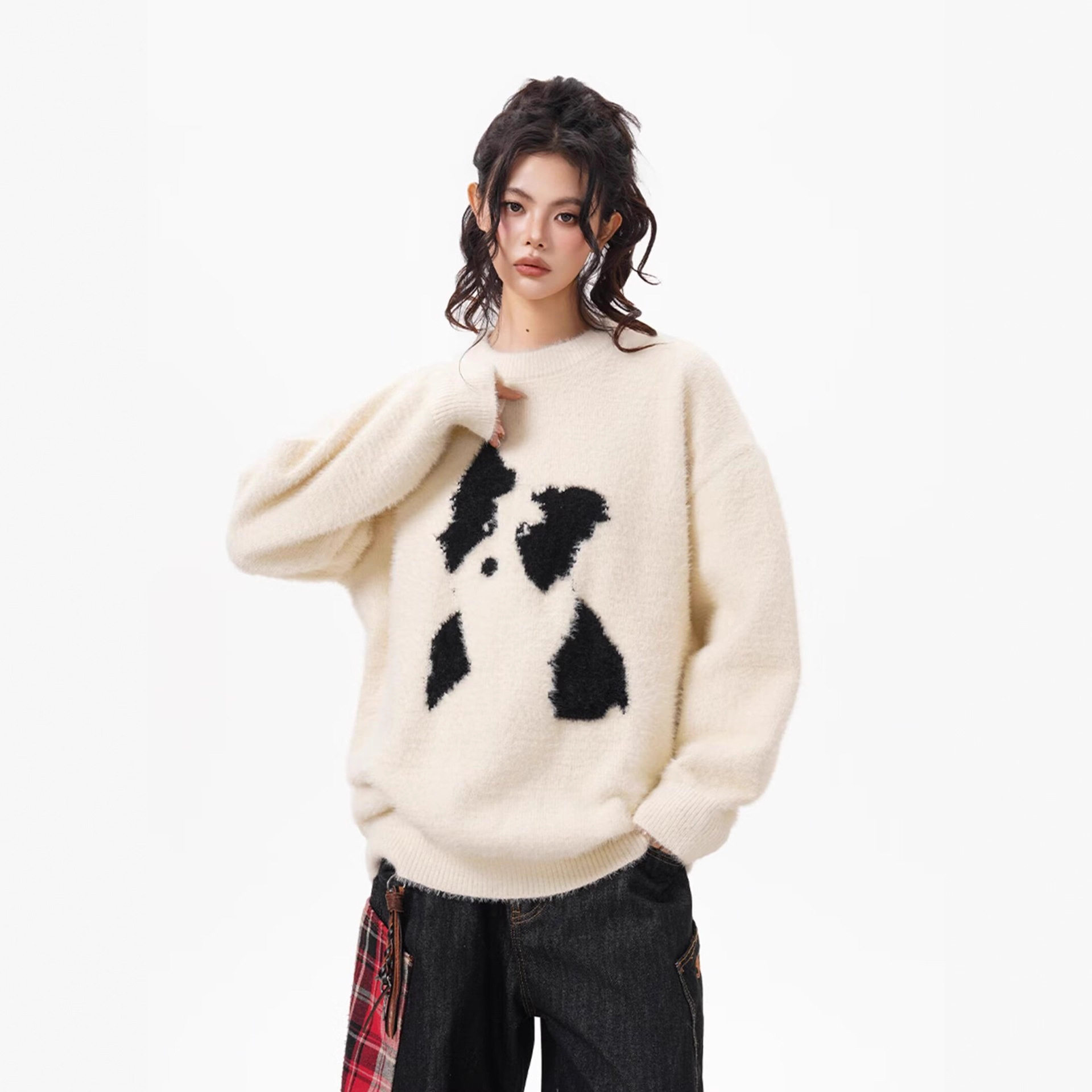 美式卡通小狗套头毛衣女学院风圆领针织衫韩版休闲情侣秋冬款