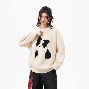 美式卡通小狗套头毛衣女学院风圆领针织衫韩版休闲情侣秋冬款