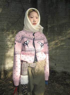 3months冬季新款韩系少女感甜美减龄提花半高领宽松开衫毛衣外套