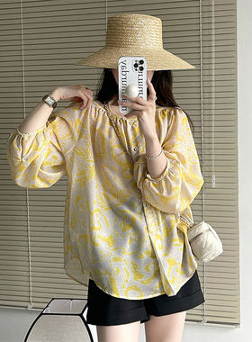 黄色无领防晒衬衫薄款轻奢高级感女碎花天丝前短后长衬衣夏季小衫