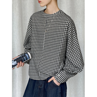 无领格子又a又飒的衬衫女蝙蝠袖衬衣设计感高级独特别致减龄上衣