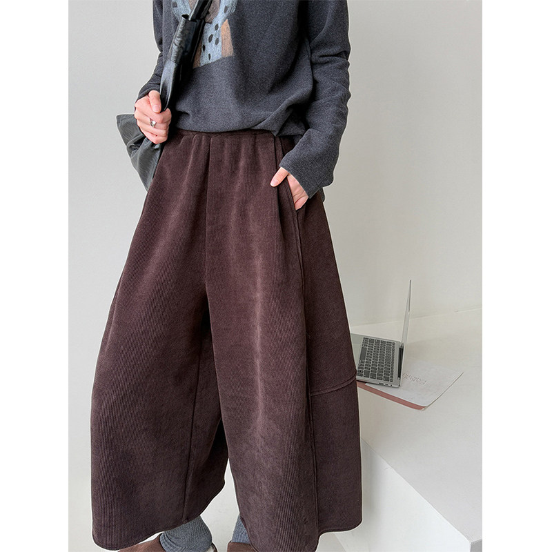 咖色灯芯绒休闲裤宽松慵懒风女款七八分直筒阔腿裤松弛老钱风裤子