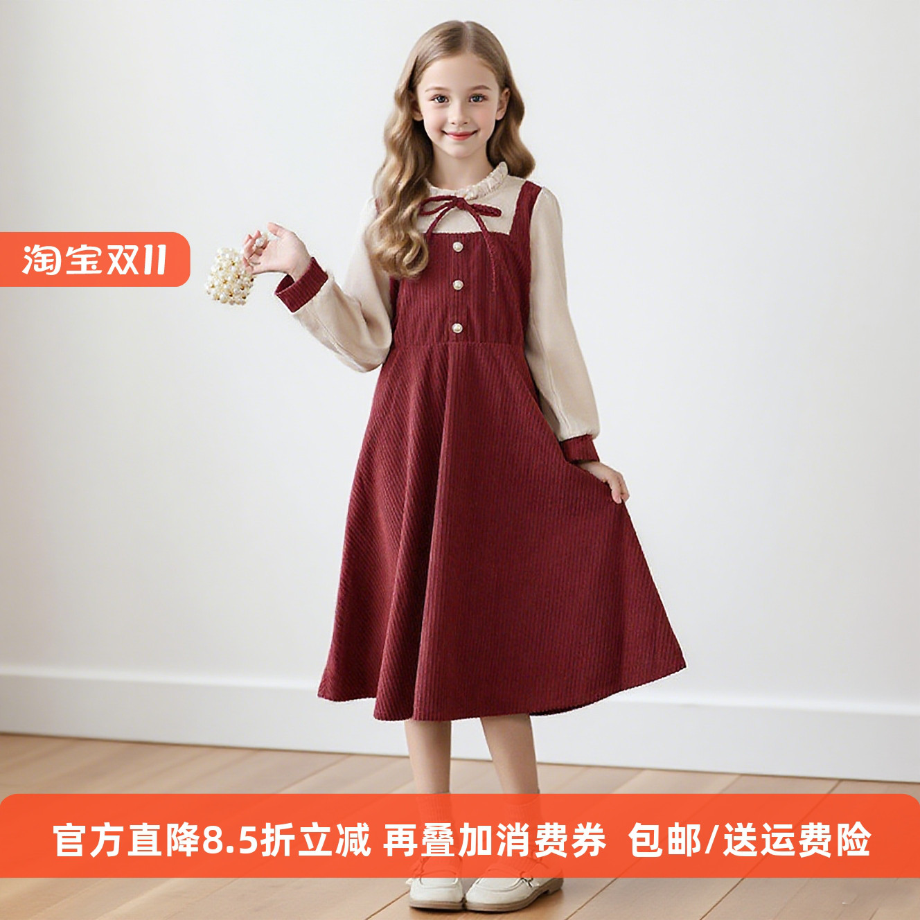 儿童裙子女2025新款假两件加绒复古女童连衣裙小女孩秋冬季公主裙