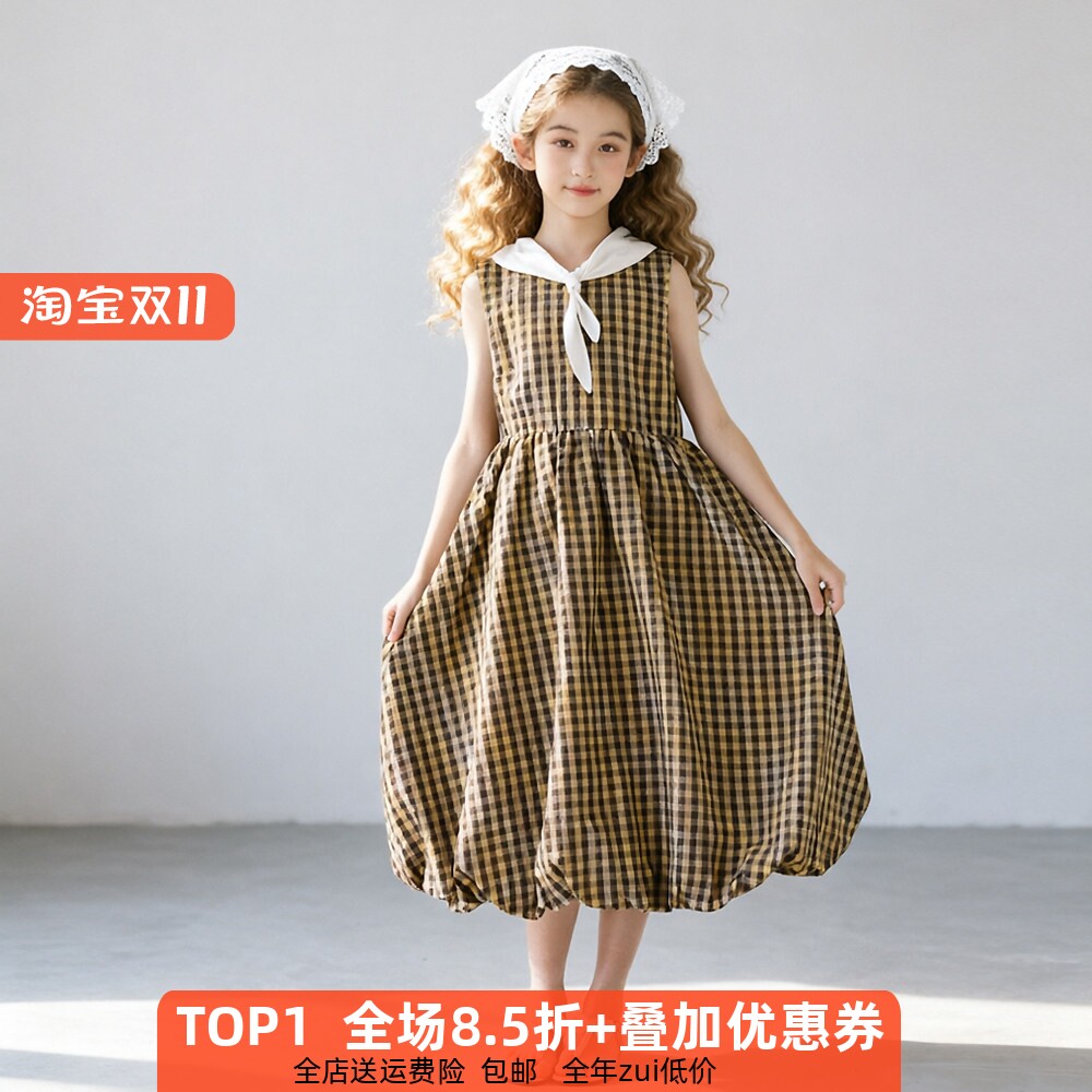 女童无袖甜美南瓜连衣裙度假夏季