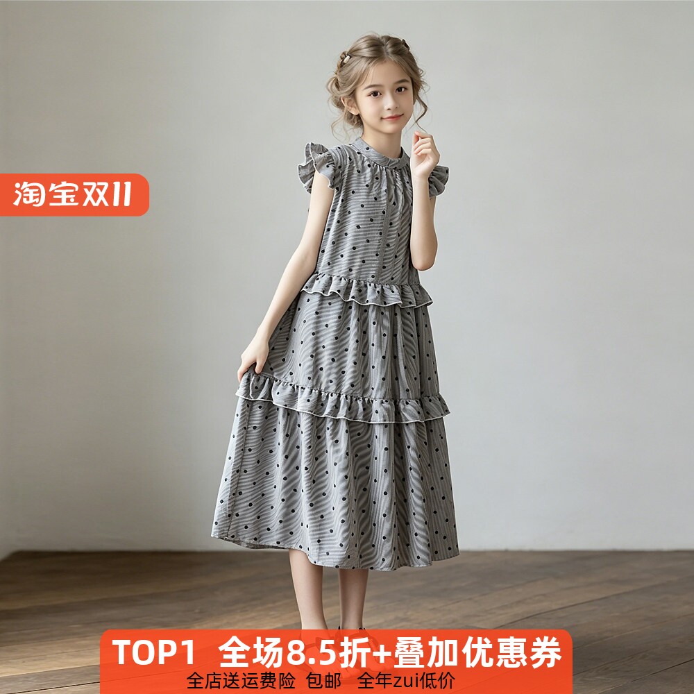 波点薄款度假连衣裙无袖长裙女童