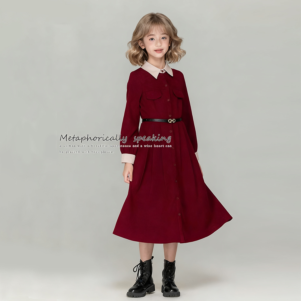 本命年红色女童连衣裙秋冬款加绒新年喜庆裙子收腰礼服长裙初中生