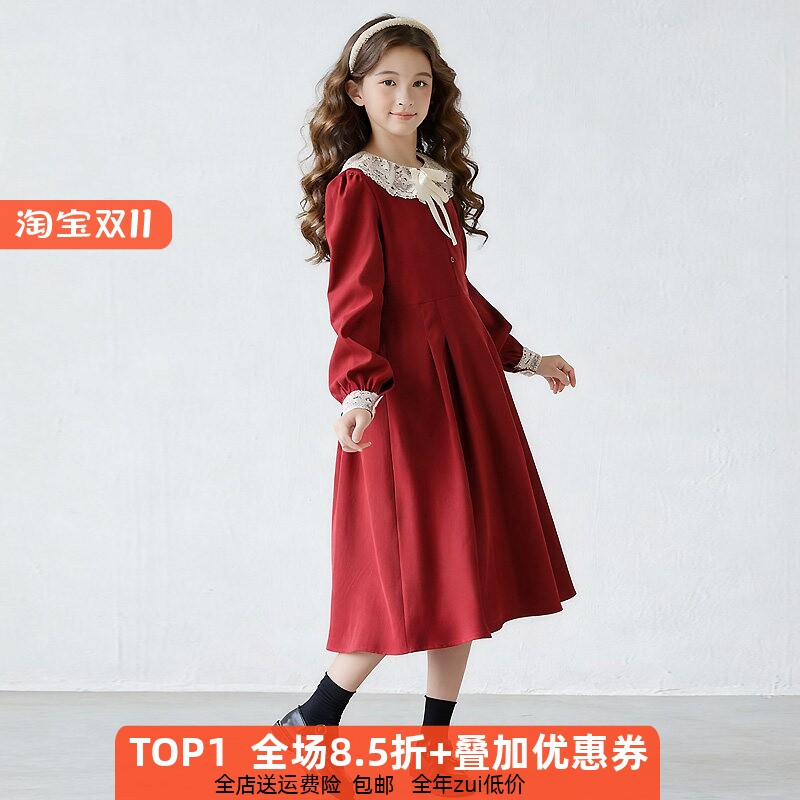 法式红色秋季女童长袖连衣裙甜美女式公主裙中大童初中生裙子文艺
