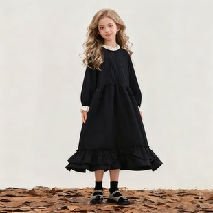 森系荷叶边宽松黑色女童秋冬加绒连衣裙中大童初中生微胖裙子口袋