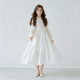 富家千金感裙子蕾丝女童秋季公主裙2025中大童白色连衣裙刺绣长袖
