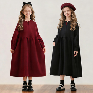 红色宽松微胖小女孩长裙子新款女童冬裙中大童初中生本命年连衣裙