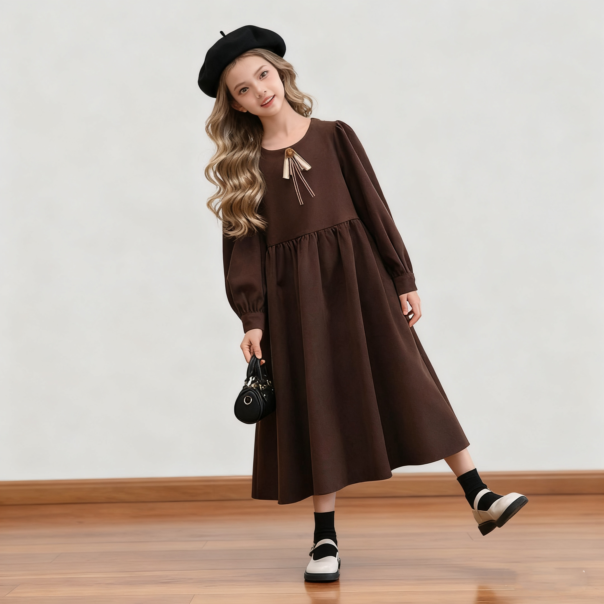 法式甜美连衣裙女孩秋冬加绒裙子蝴蝶结公主裙2025新款女童冬裙