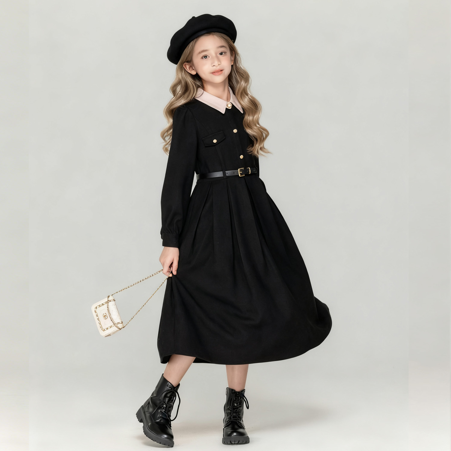 黑色洋气女童连衣裙冬演奏小香风2025新款秋季女孩冬裙加绒长裙子