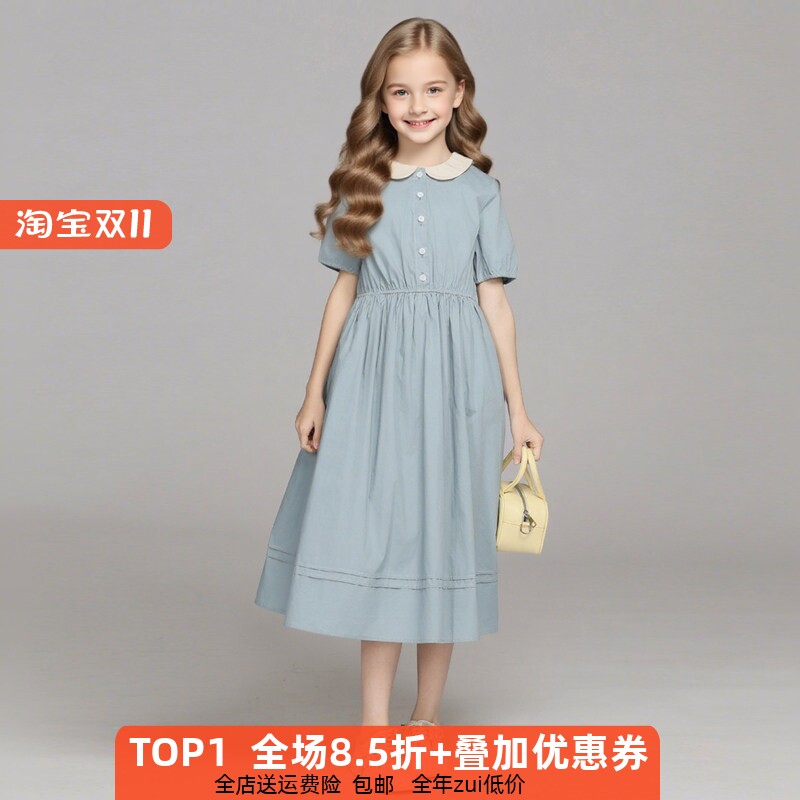 甜美棉质新款女孩儿童连衣裙夏季女童娃娃领长裙短袖初中学生裙子