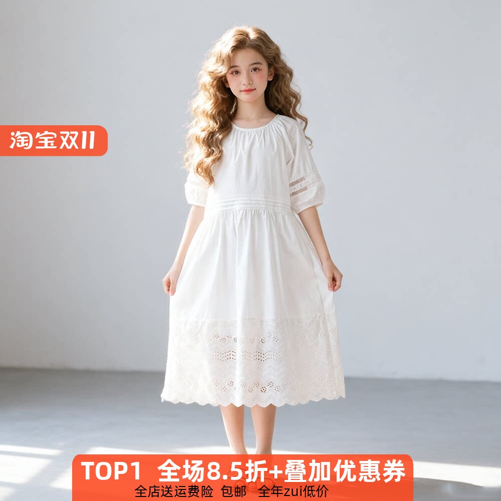 女童五分袖连衣裙蕾丝清新白色
