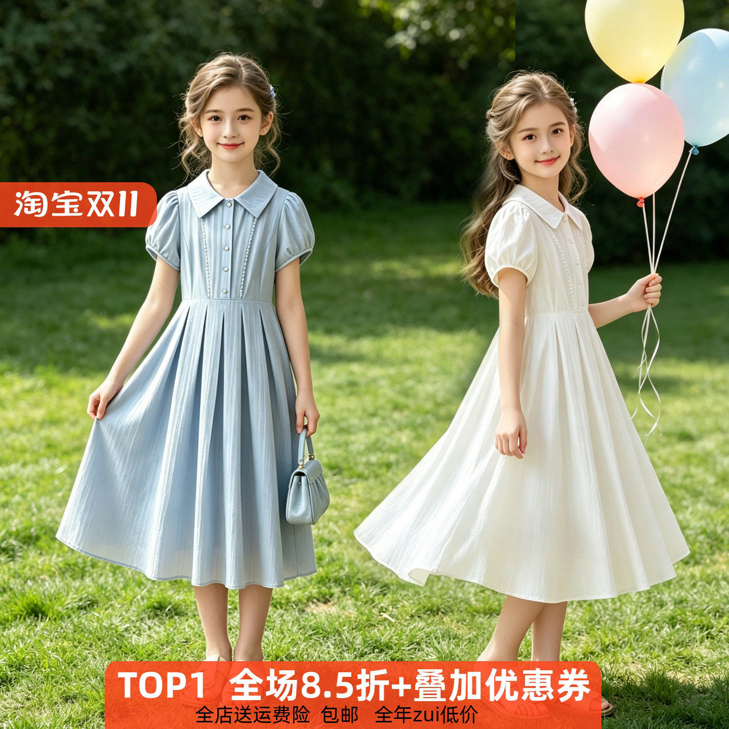 儿童连衣裙白色夏季女童学院裙子小女孩演出毕业纯棉草原度假夏裙