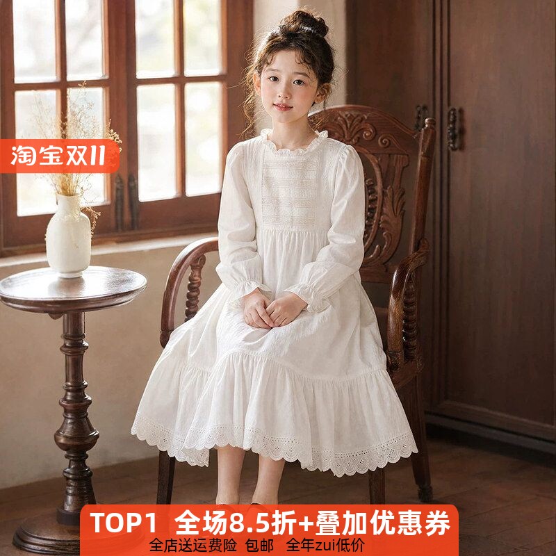 超仙气公主裙女童文艺白色纯棉连衣裙春秋长袖裙子中大童花边蕾丝