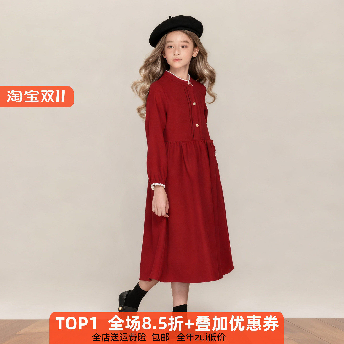 新中式红色中大女童连衣裙冬洋气小学生秋冬加绒冬裙女孩新年长裙